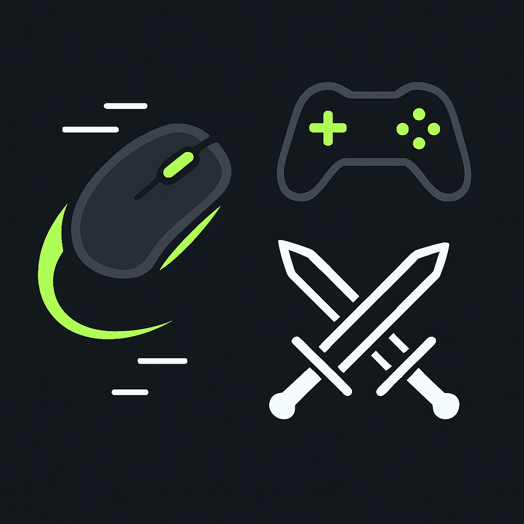 Gaming mouse with a glowing trail next to crossed swords and a shield representing click speed in Minecraft PvP
