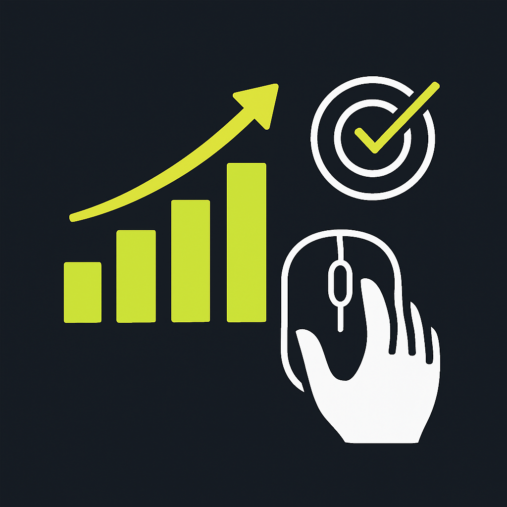Rising green bar chart with an upward arrow and a hand on a gaming mouse showing how to improve clicks per second through practice