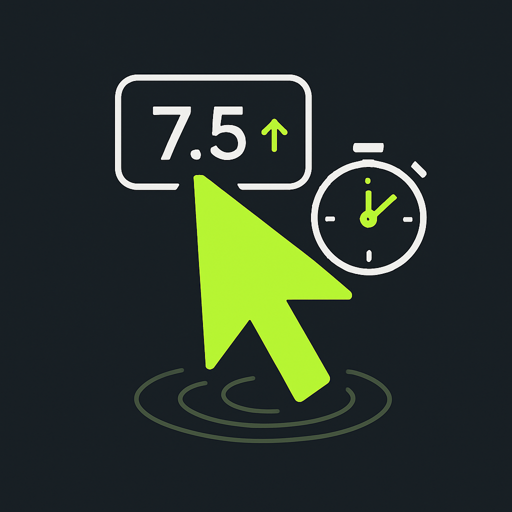 Illustration of a mouse cursor clicking with a live counter and stopwatch representing a clicks per second test