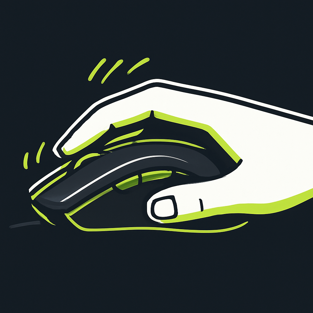 A hand on a gaming mouse with motion lines showing fast clicking technique